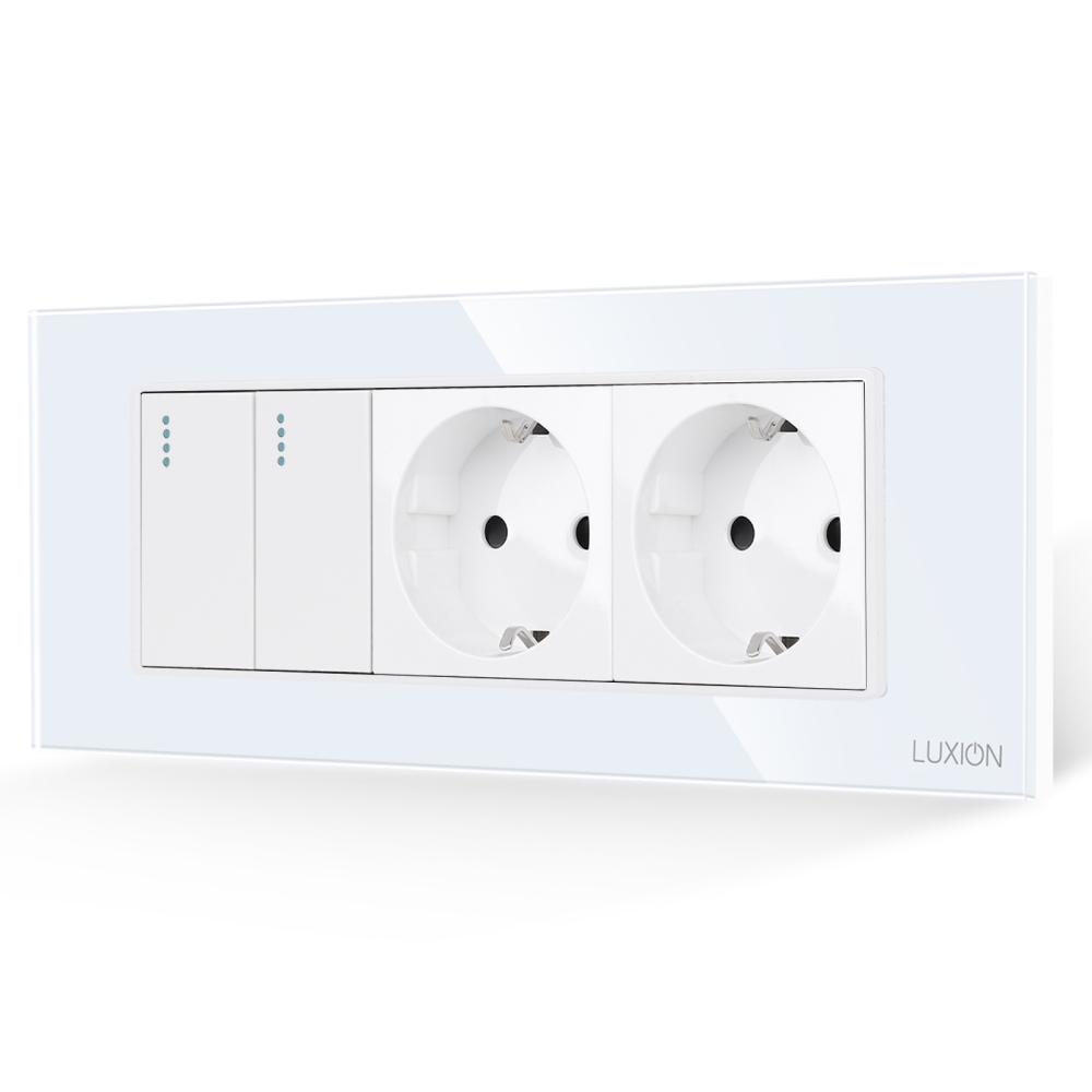 Intrerupator Dublu + 2 Prize cu Rama din Sticla LUXION, Standard Italian, 6M - alb