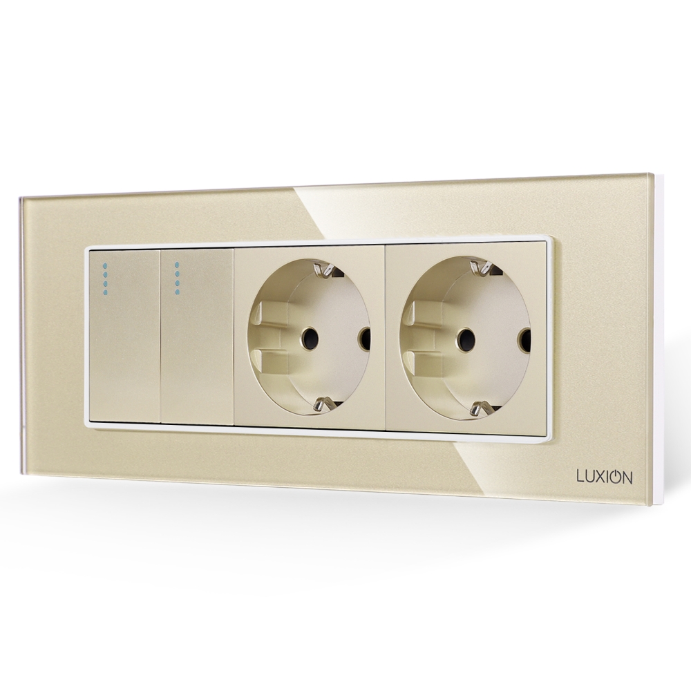 Intrerupator Dublu + 2 Prize cu Rama din Sticla LUXION, Standard Italian, 6M - auriu