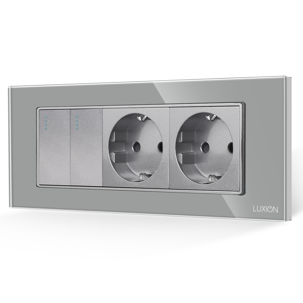 Intrerupator Dublu + 2 Prize cu Rama din Sticla LUXION, Standard Italian, 6M - gri
