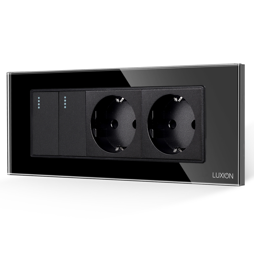 Intrerupator Dublu + 2 Prize cu Rama din Sticla LUXION, Standard Italian, 6M - negru