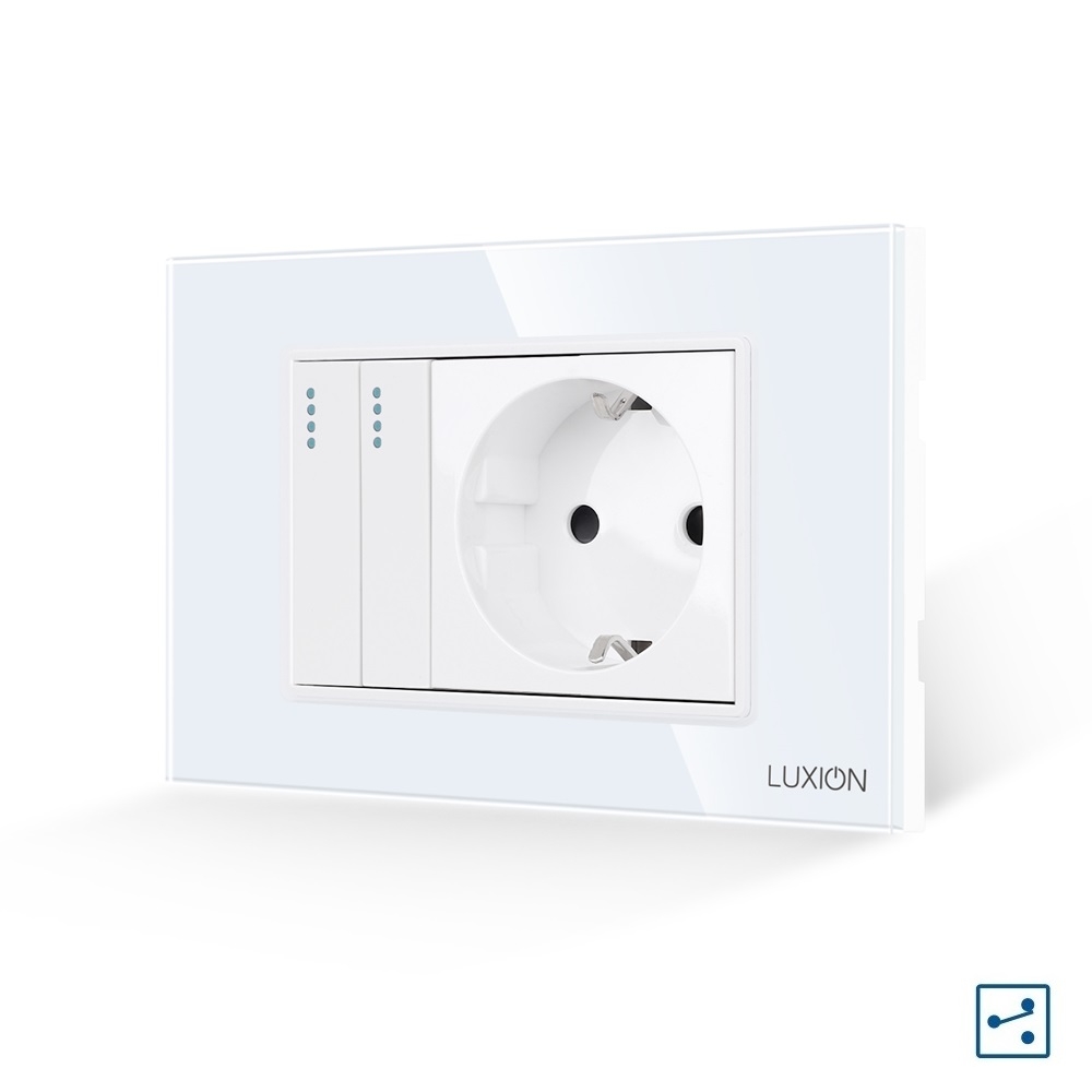 Intrerupator Dublu Cap Scara + Priza cu Rama din Sticla LUXION, Standard Italian, 3M - alb