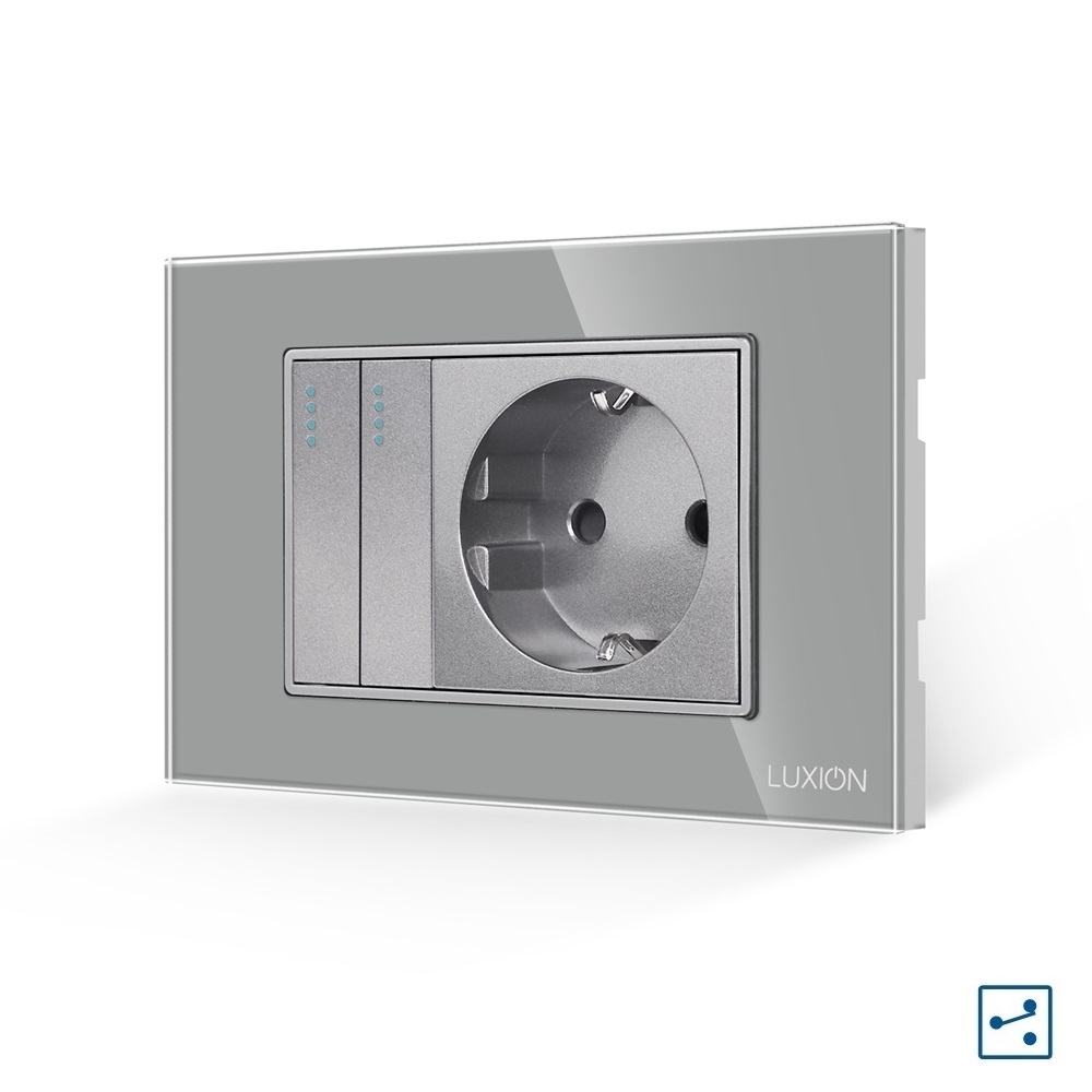 Intrerupator Dublu Cap Scara + Priza cu Rama din Sticla LUXION, Standard Italian, 3M - gri