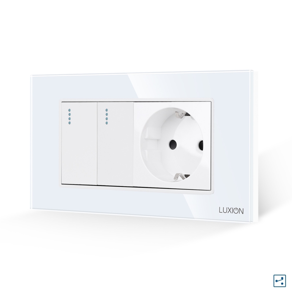 Intrerupator Dublu Cap Scara + Priza cu Rama din Sticla LUXION, Standard Italian, 4M - alb