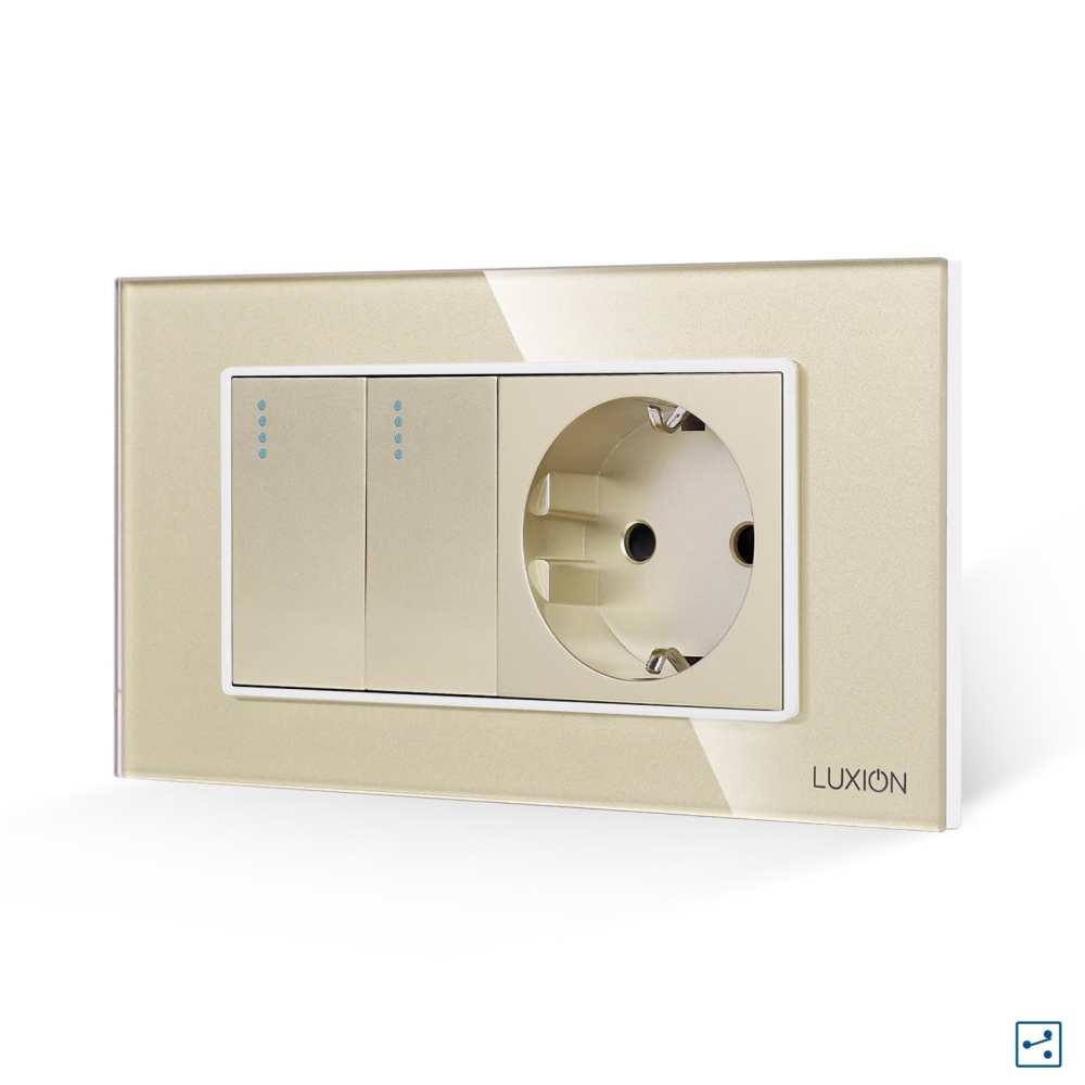 Intrerupator Dublu Cap Scara + Priza cu Rama din Sticla LUXION, Standard Italian, 4M - auriu