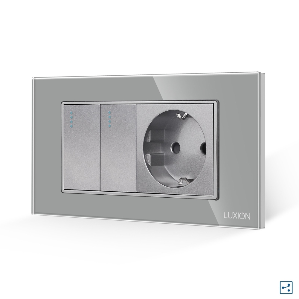 Intrerupator Dublu Cap Scara + Priza cu Rama din Sticla LUXION, Standard Italian, 4M - gri
