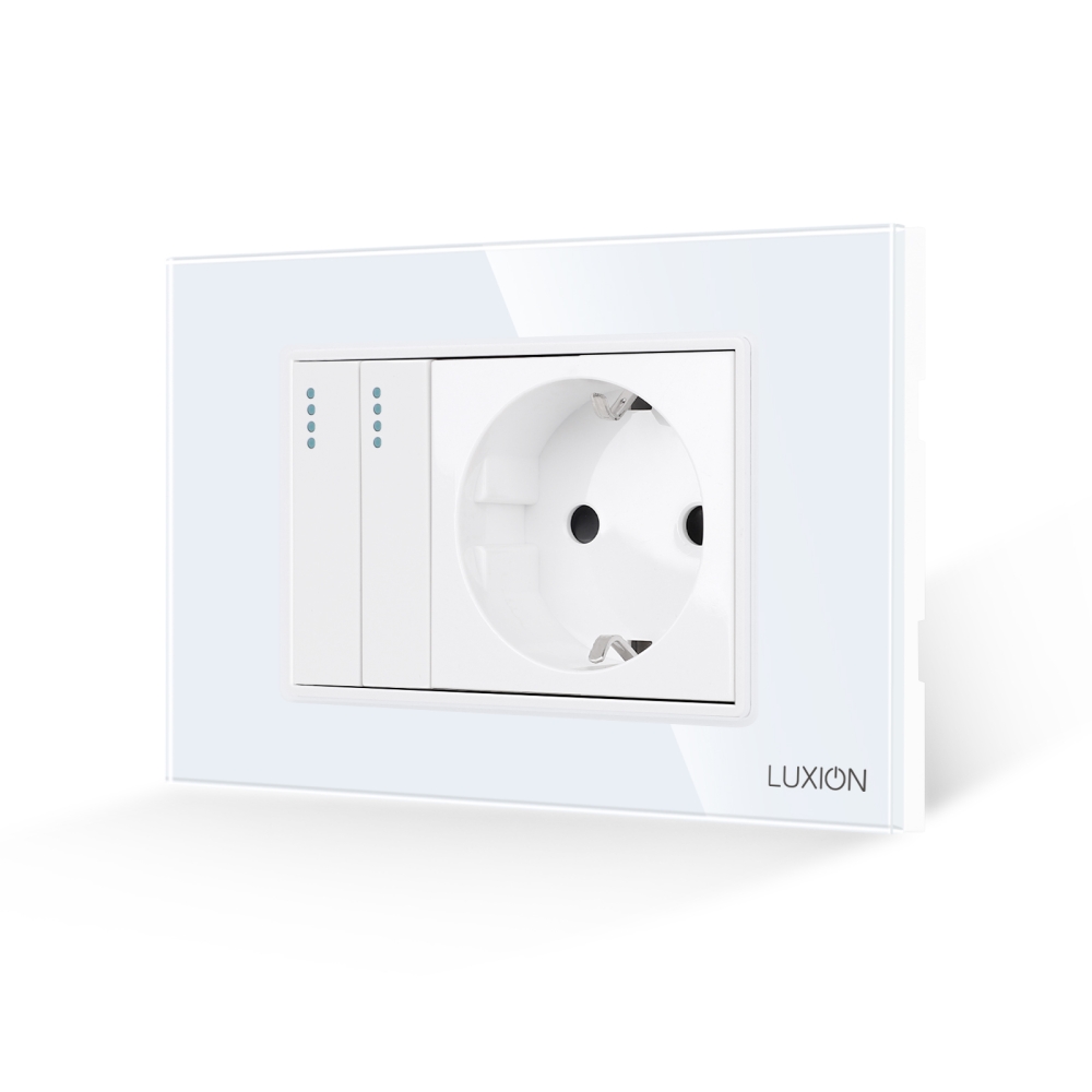 Intrerupator Dublu + Priza cu Rama din Sticla LUXION, Standard Italian, 3M - alb