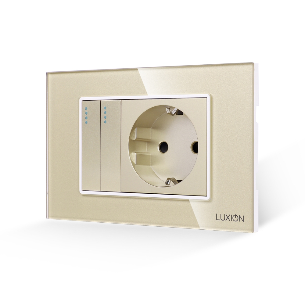 Intrerupator Dublu + Priza cu Rama din Sticla LUXION, Standard Italian, 3M - auriu