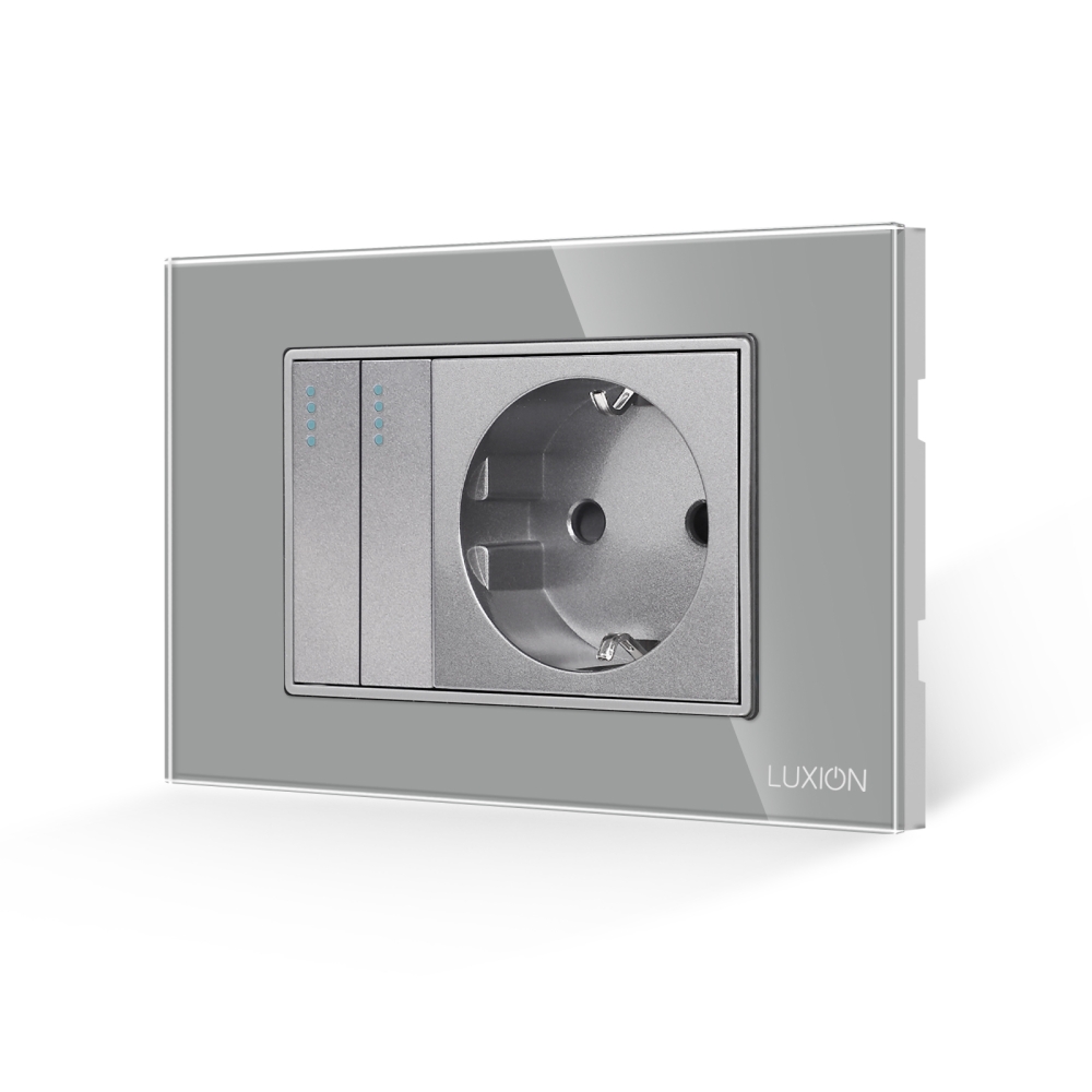 Intrerupator Dublu + Priza cu Rama din Sticla LUXION, Standard Italian, 3M - gri