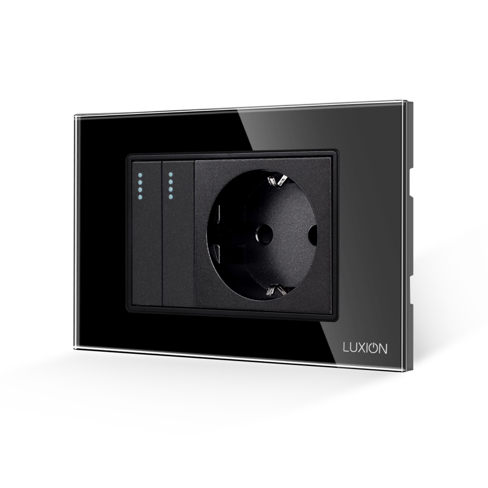 Intrerupator Dublu + Priza cu Rama din Sticla LUXION, Standard Italian, 3M - negru