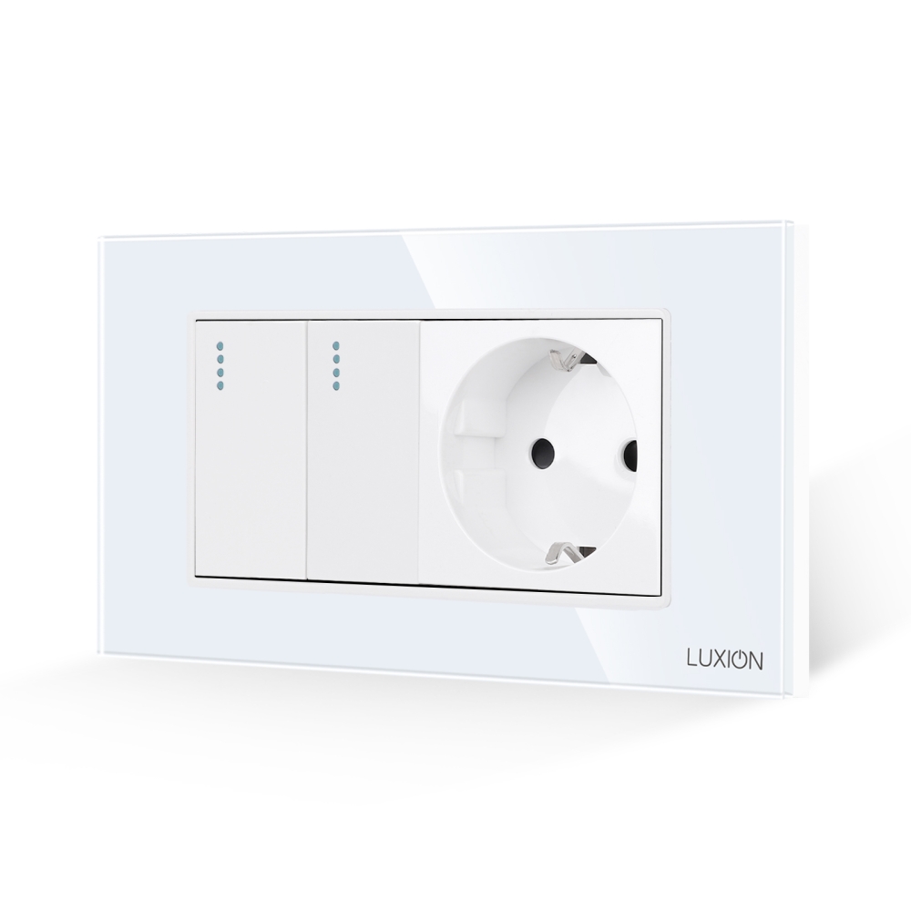 Intrerupator Dublu + Priza cu Rama din Sticla LUXION, Standard Italian, 4M - alb