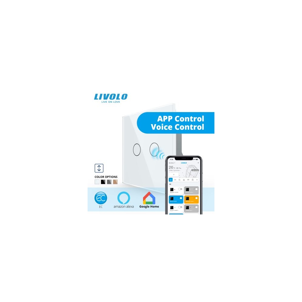 Intrerupator dublu tactil, control draperie, Protocol EC, cu panou sticla, Generatia Noua