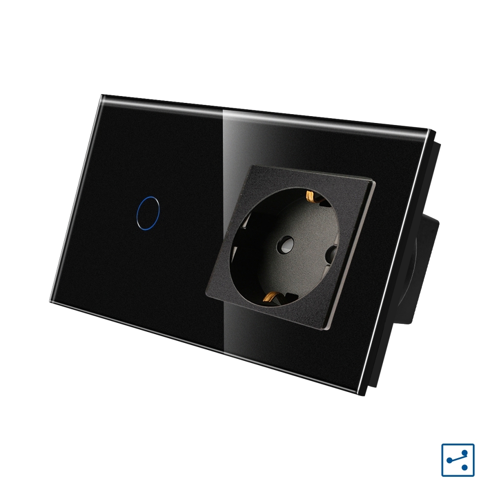 Intrerupator Simplu Cap Scara / Cruce + Priza cu Rama din Sticla LUXION, Serie A - negru