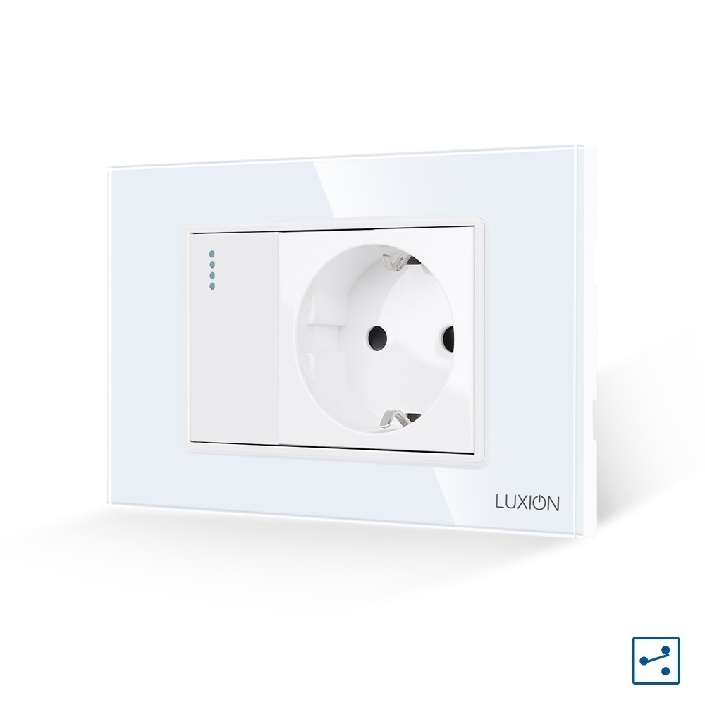 Intrerupator Simplu Cap Scara + Priza cu Rama din Sticla LUXION, Standard Italian, 3M - alb