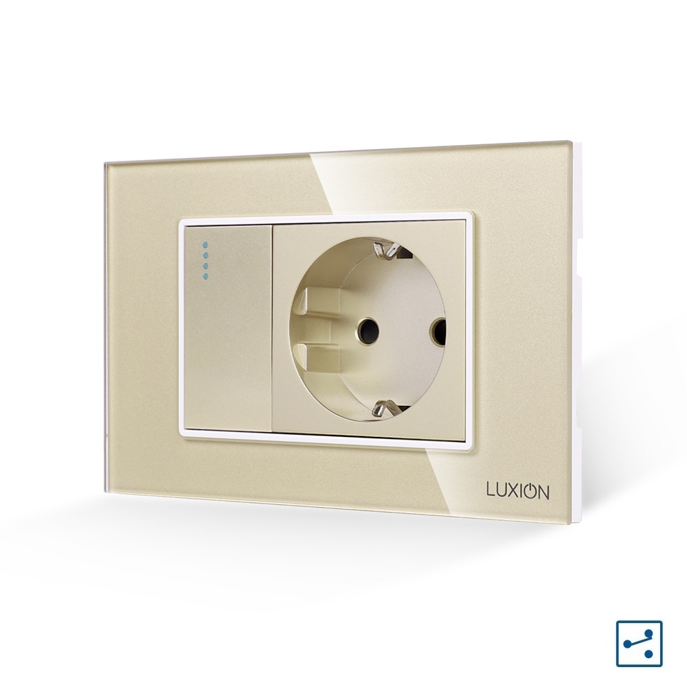 Intrerupator Simplu Cap Scara + Priza cu Rama din Sticla LUXION, Standard Italian, 3M - auriu