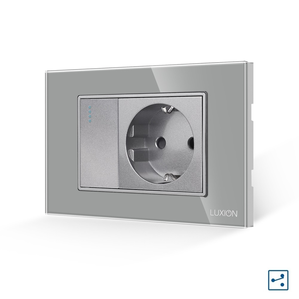 Intrerupator Simplu Cap Scara + Priza cu Rama din Sticla LUXION, Standard Italian, 3M - gri