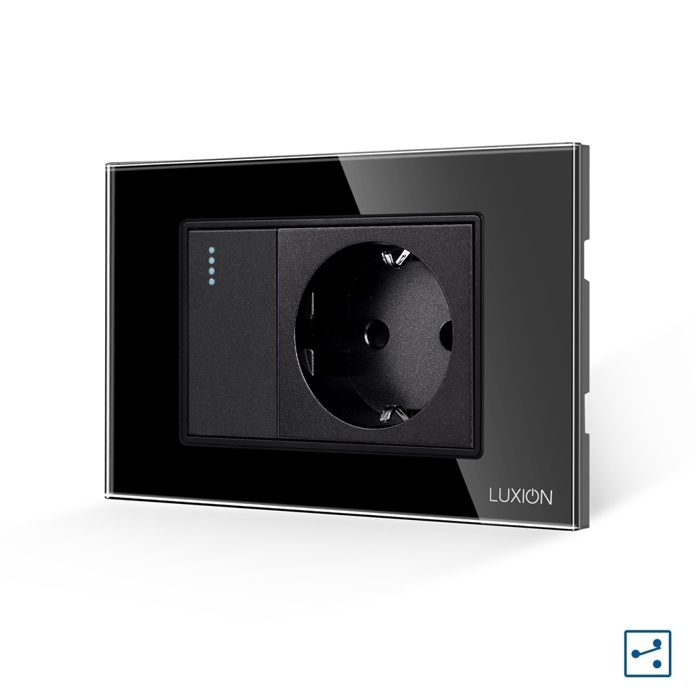 Intrerupator Simplu Cap Scara + Priza cu Rama din Sticla LUXION, Standard Italian, 3M - negru