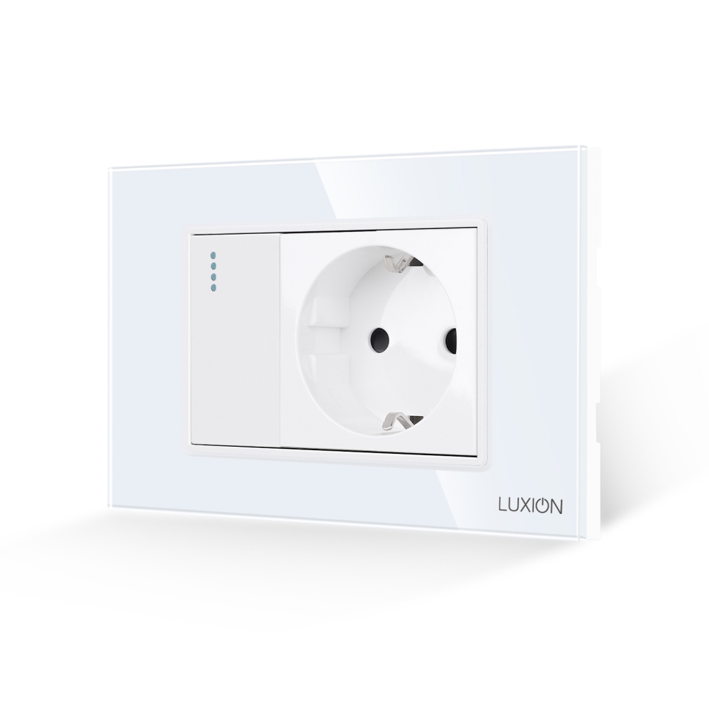 Intrerupator Simplu + Priza cu Rama din Sticla LUXION, Standard Italian, 3M - alb