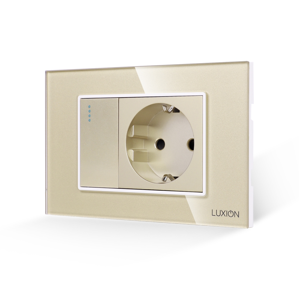 Intrerupator Simplu + Priza cu Rama din Sticla LUXION, Standard Italian, 3M - auriu