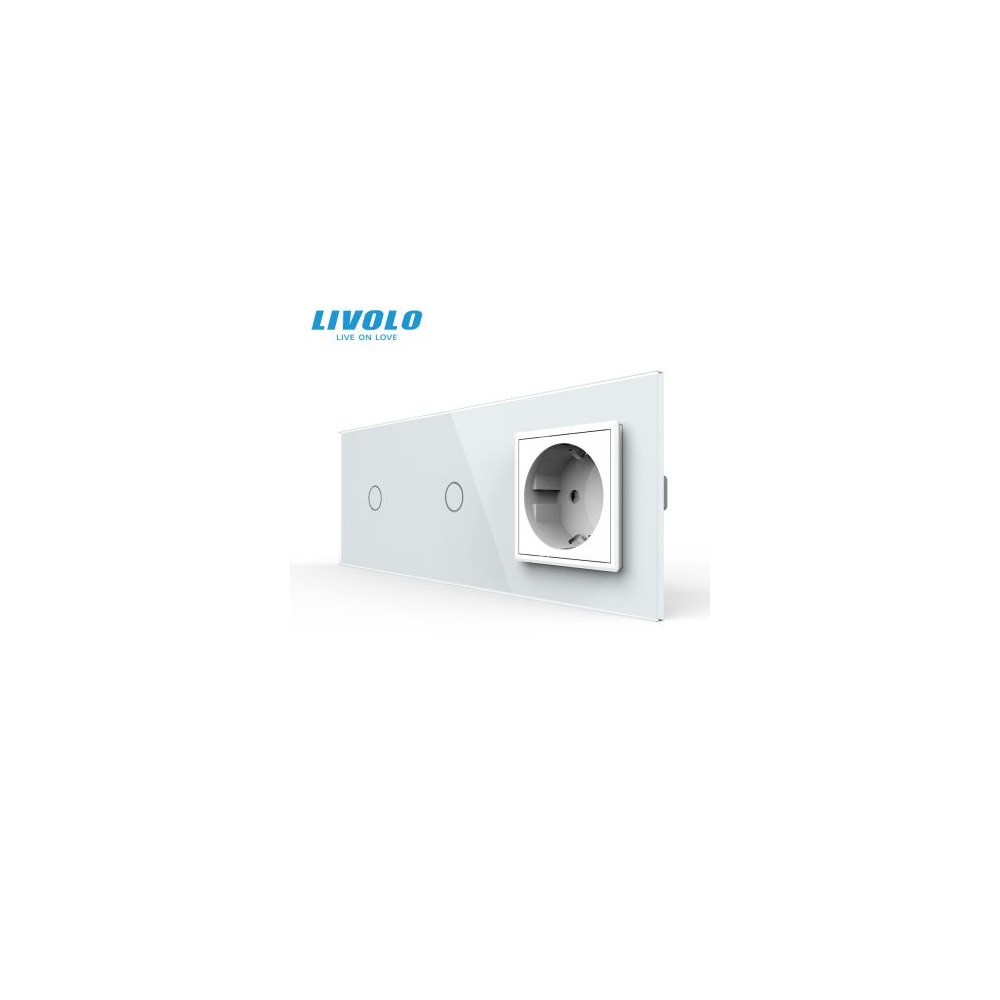 Intrerupator simplu + simplu + priza simpla Schuko borne fara surub Quick Connect, generatia noua, cu rama sticla