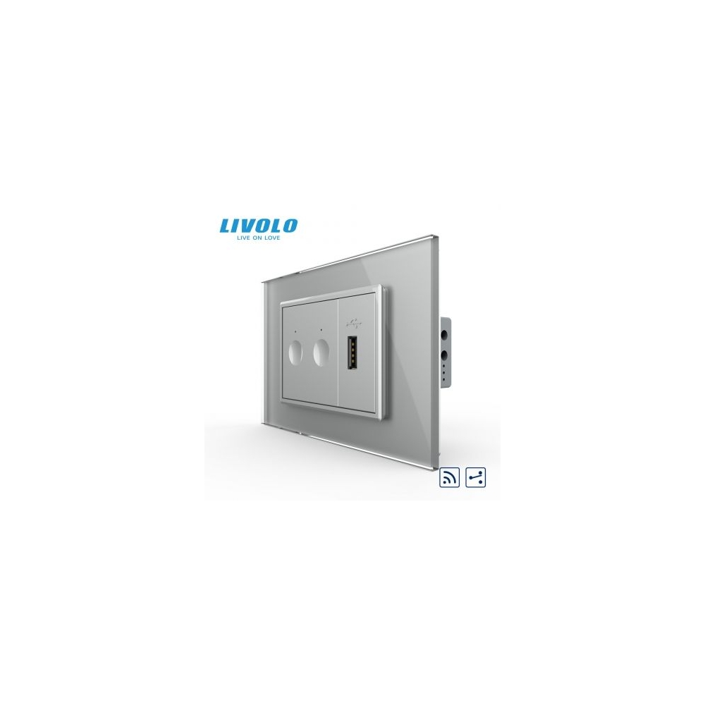 Intrerupator tactil dublu cap scara / cruce, control telecomanda RF + priza USB, 3M, rama sticla