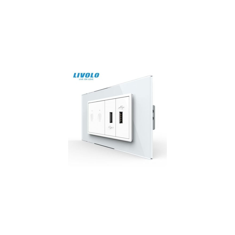 Intrerupator tactil dublu + priza dubla USB, 4M, cu rama sticla