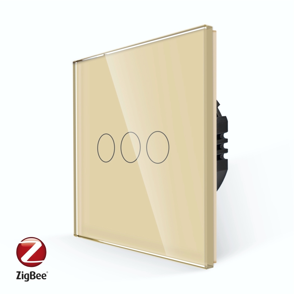 Intrerupator Triplu cu Touch din Sticla LUXION, protocol ZigBee - auriu