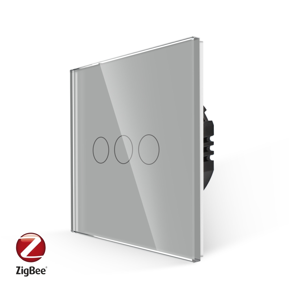 Intrerupator Triplu cu Touch din Sticla LUXION, protocol ZigBee - gri