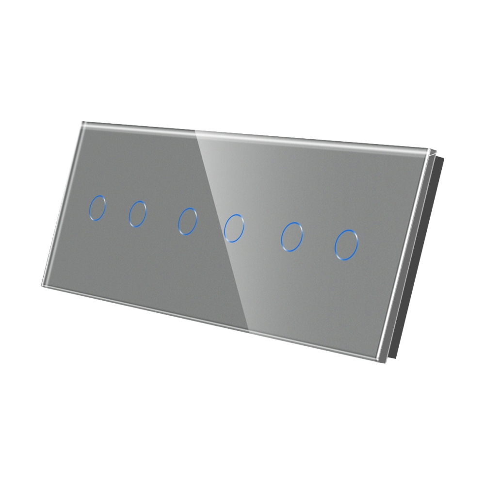 Panou Intrerupator Dublu + Dublu + Dublu cu Touch Din Sticla LUXION - gri