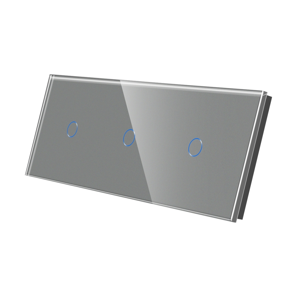 Panou Intrerupator Simplu + Simplu + Simplu cu Touch Din Sticla LUXION - gri
