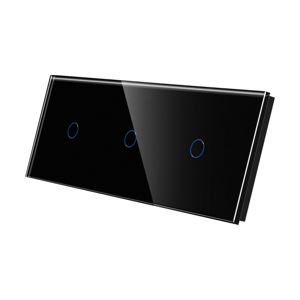 Panou Intrerupator Simplu + Simplu + Simplu cu Touch Din Sticla LUXION - negru