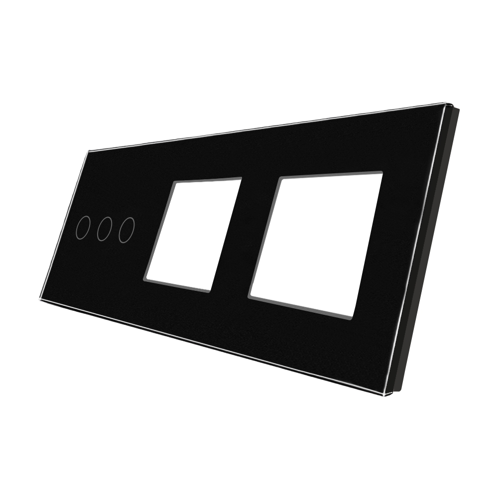 Panou Intrerupator Triplu cu Touch si 2 Prize Din Sticla LUXION - negru