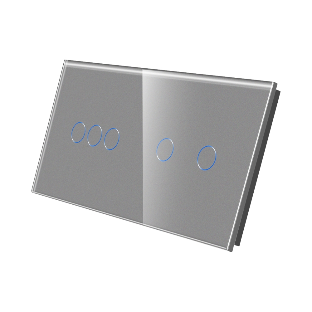 Panou Intrerupator Triplu + Dublu cu Touch Din Sticla LUXION - gri