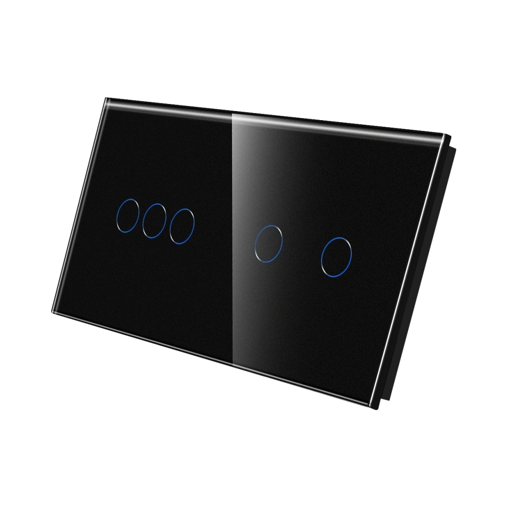 Panou Intrerupator Triplu + Dublu cu Touch Din Sticla LUXION - negru