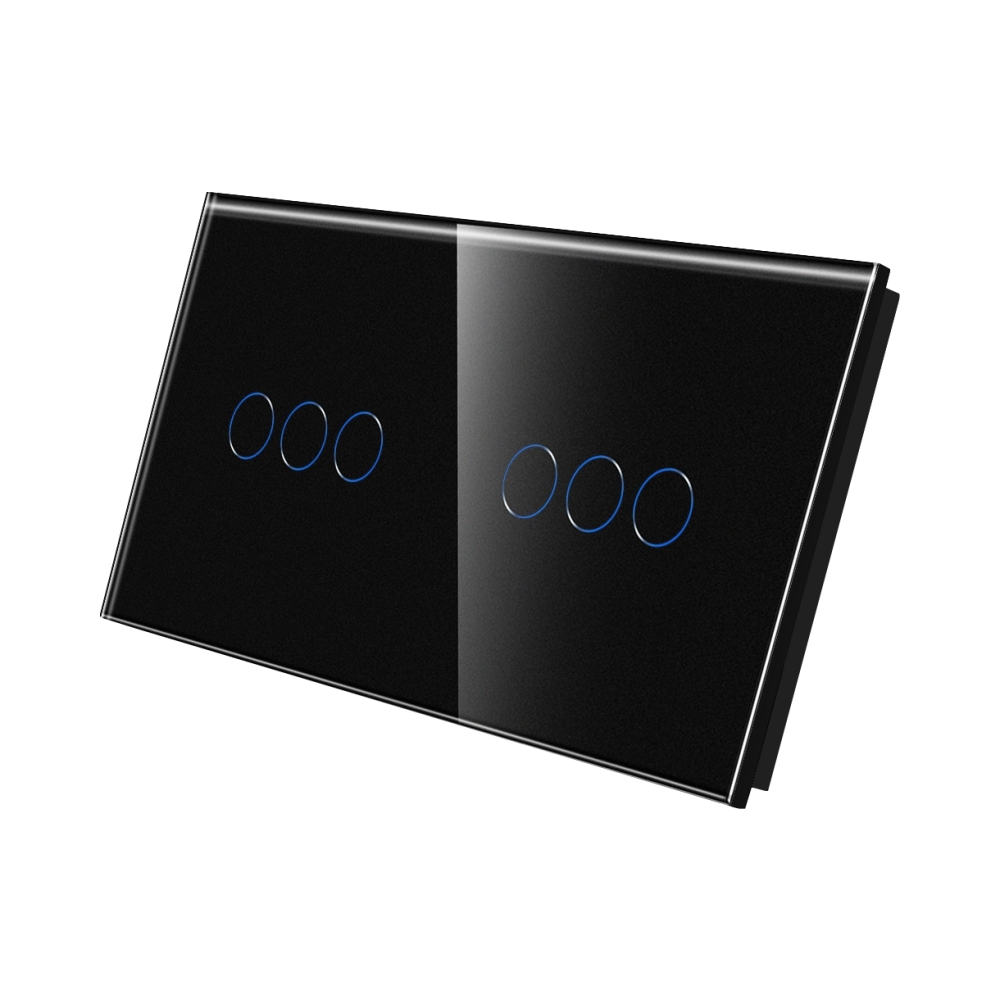 Panou Intrerupator Triplu + Triplu cu Touch Din Sticla LUXION - negru
