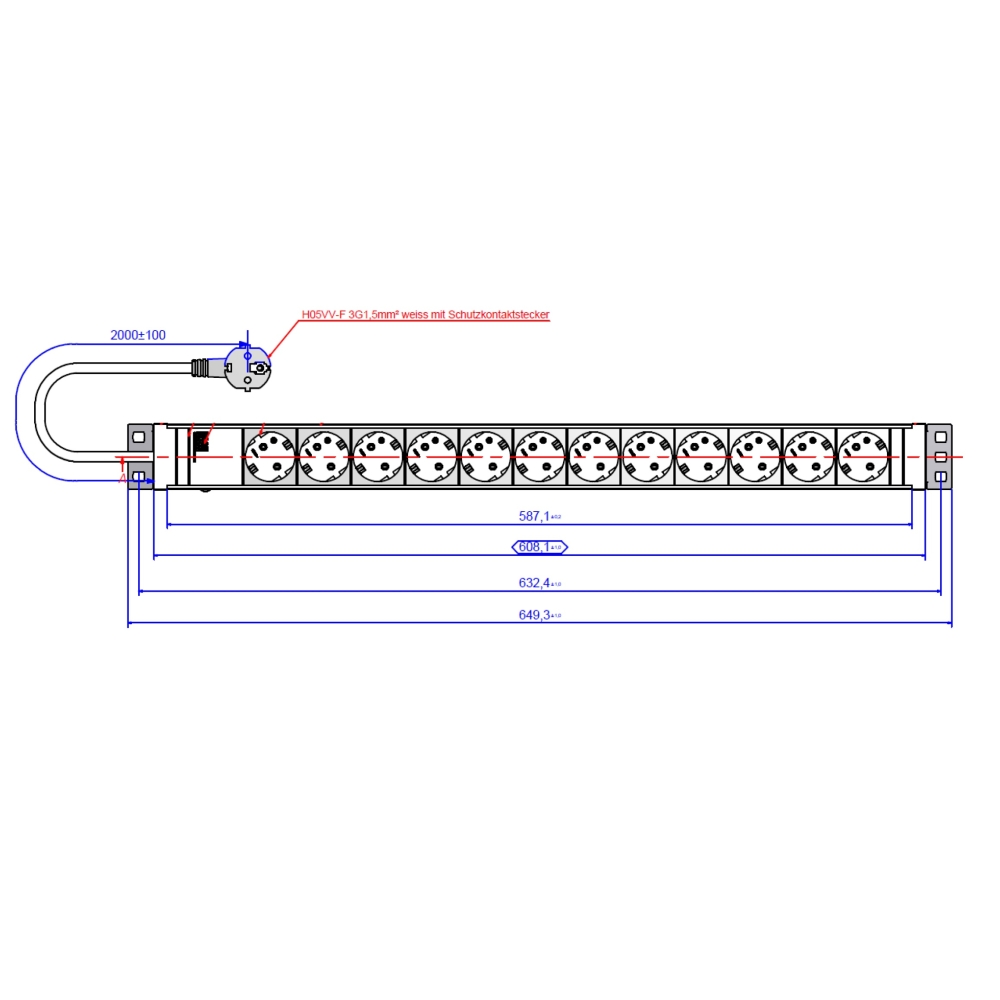 PDU vert. 12xSchuko Alb, 2 m fisa Schuko, AL