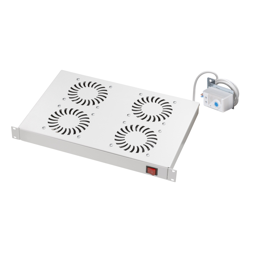 Placă 19&rdquo; cu 4 ventilatoare, 1U, termostat analogic, RAL7035