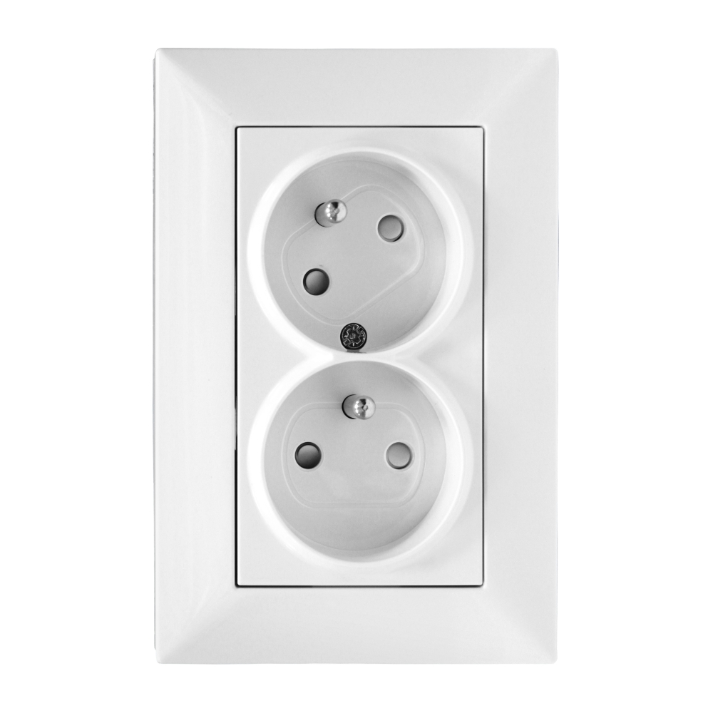 Priză dublă 16A cu pin PE rotit 45&deg;, cleme elastice, alb