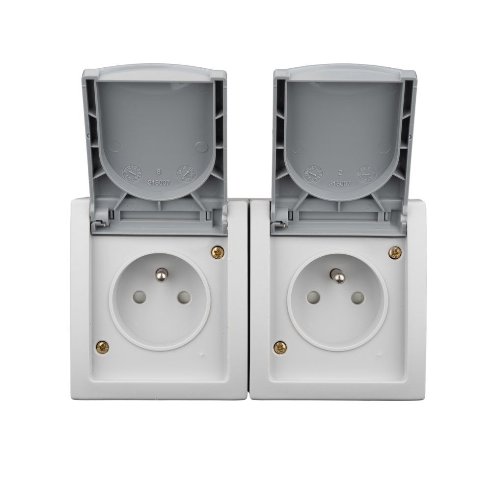 Priză dublă cu pin PE, protecţie copii, montaj oriz.IP54,gri