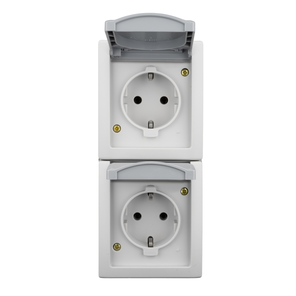 Priză dublă PE+capac, 16A, vertical, PT, cl.elastice, IP54