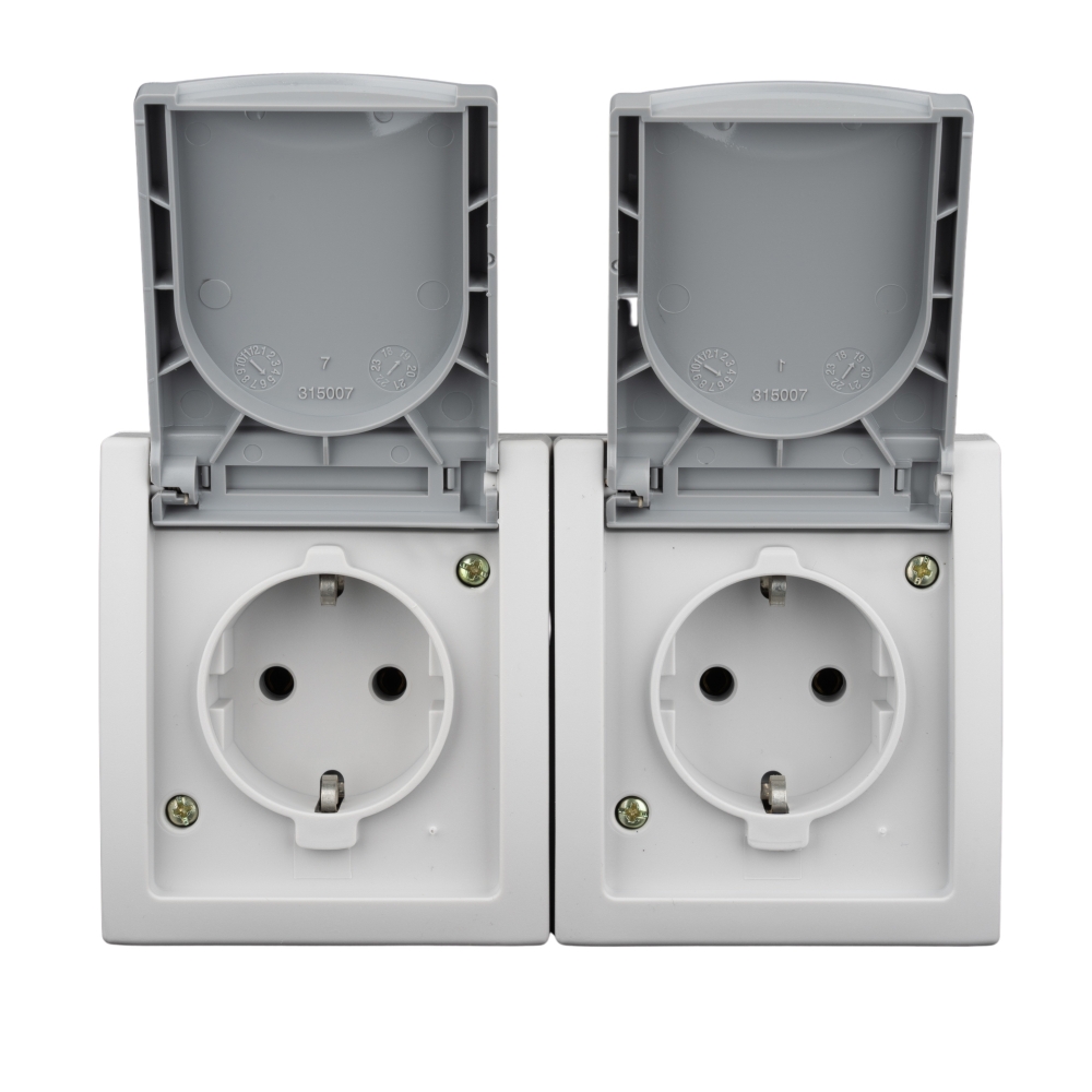 Priză dublă PE şi capac, 16A, orizontal, PT, cl.elast, IP54