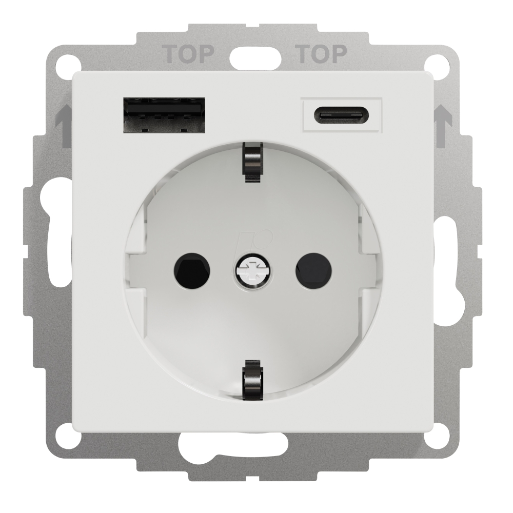Priză Schuko cu USB Tip A+C, 2,4A, alb-pur