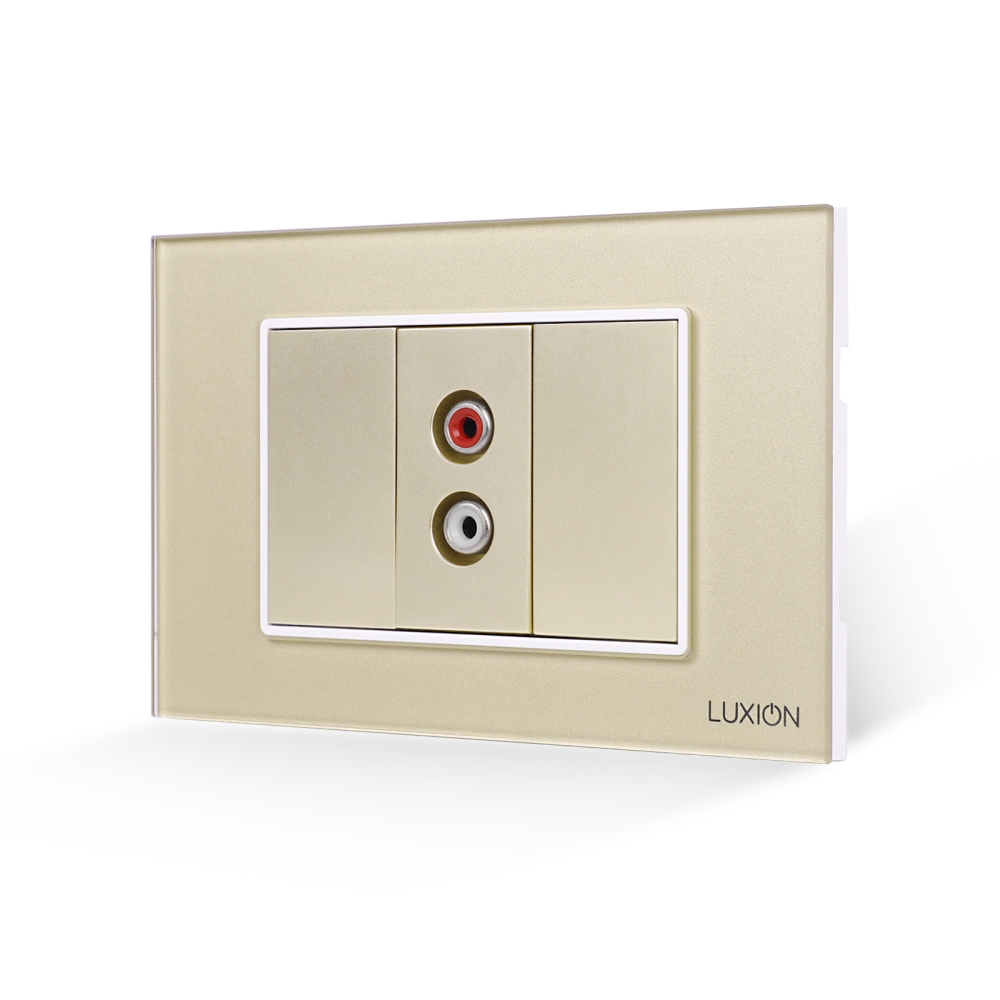 Priza Audio 1M + 2 Taste False LUXION cu Rama din Sticla, Standard Italian, 3M - auriu