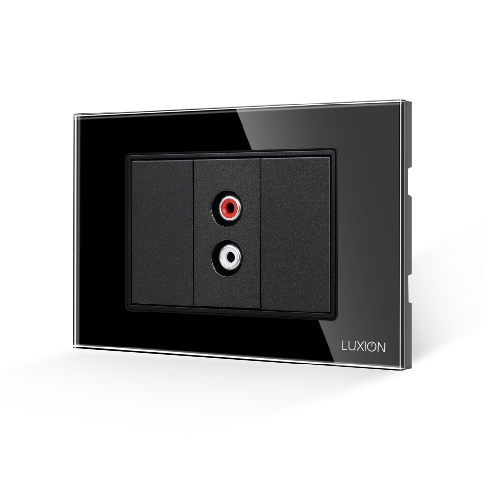Priza Audio 1M + 2 Taste False LUXION cu Rama din Sticla, Standard Italian, 3M - negru