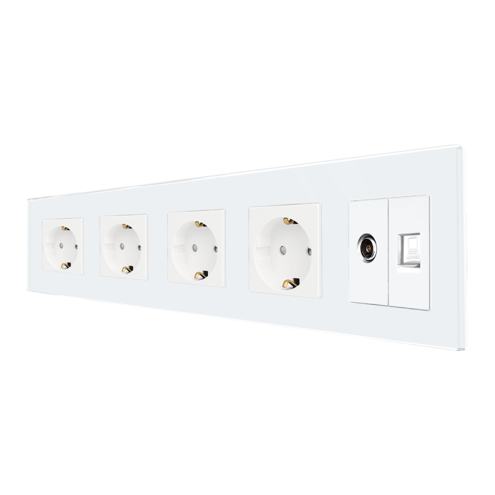 Priza Cvadrupla Schuko + TV + Internet cu Rama Din Sticla LUXION - alb