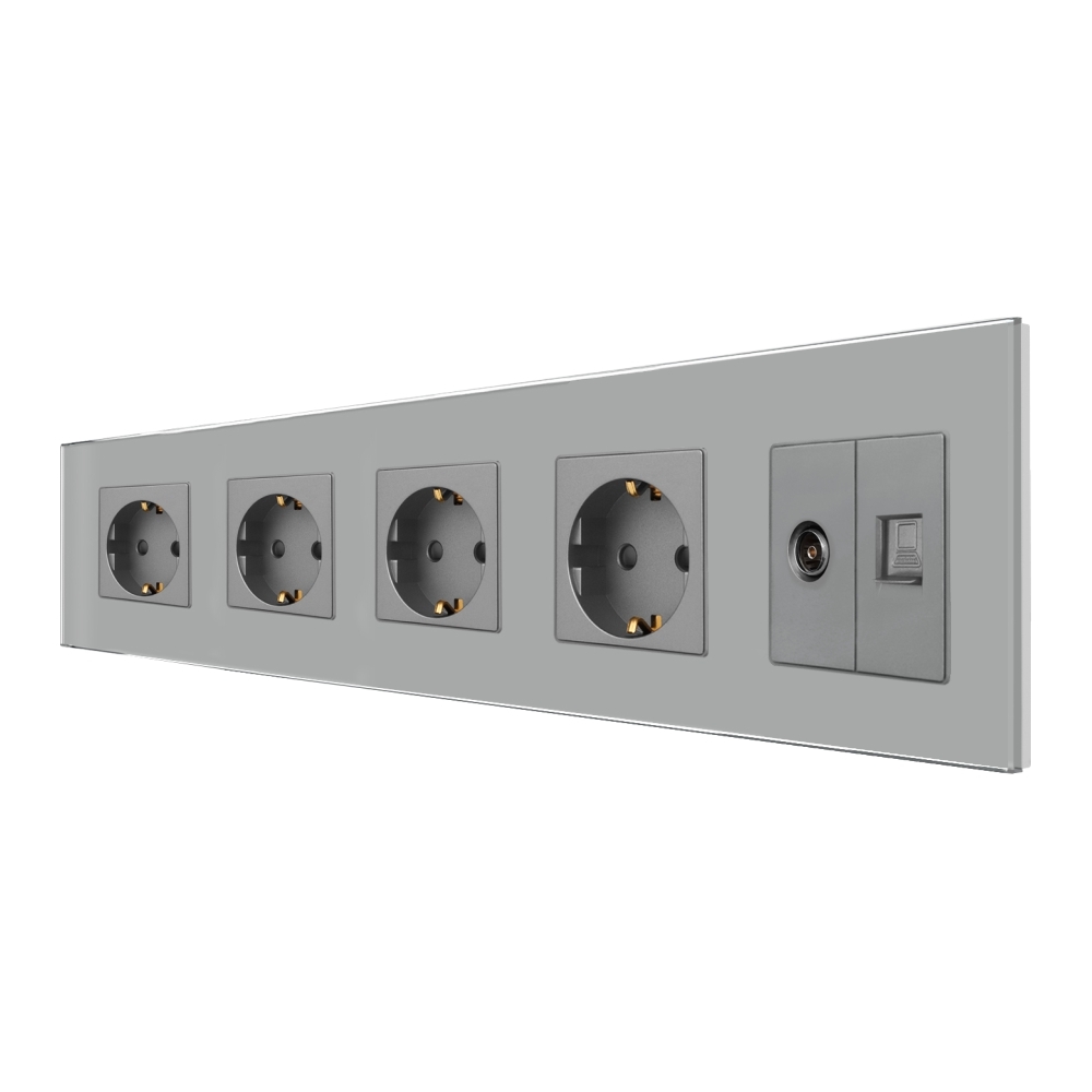 Priza Cvadrupla Schuko + TV + Internet cu Rama Din Sticla LUXION - gri