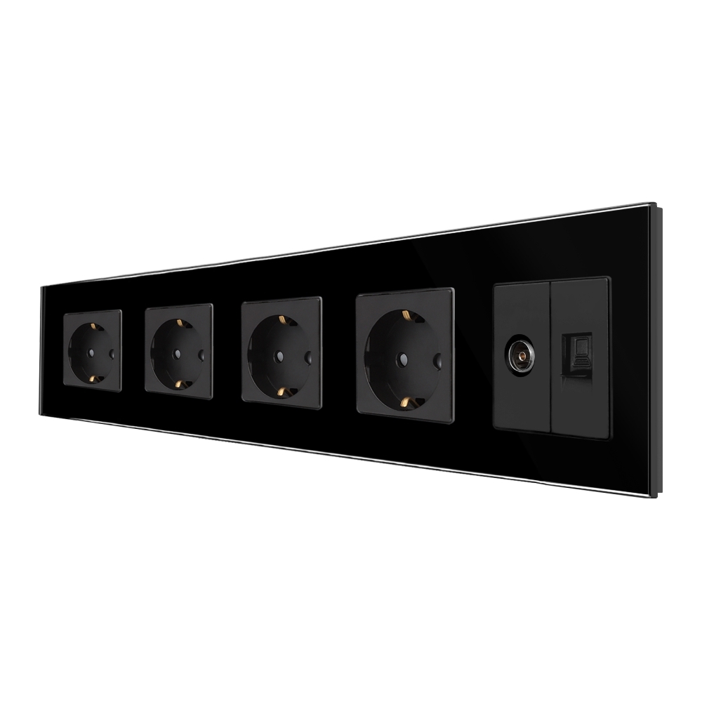 Priza Cvadrupla Schuko + TV + Internet cu Rama Din Sticla LUXION - negru