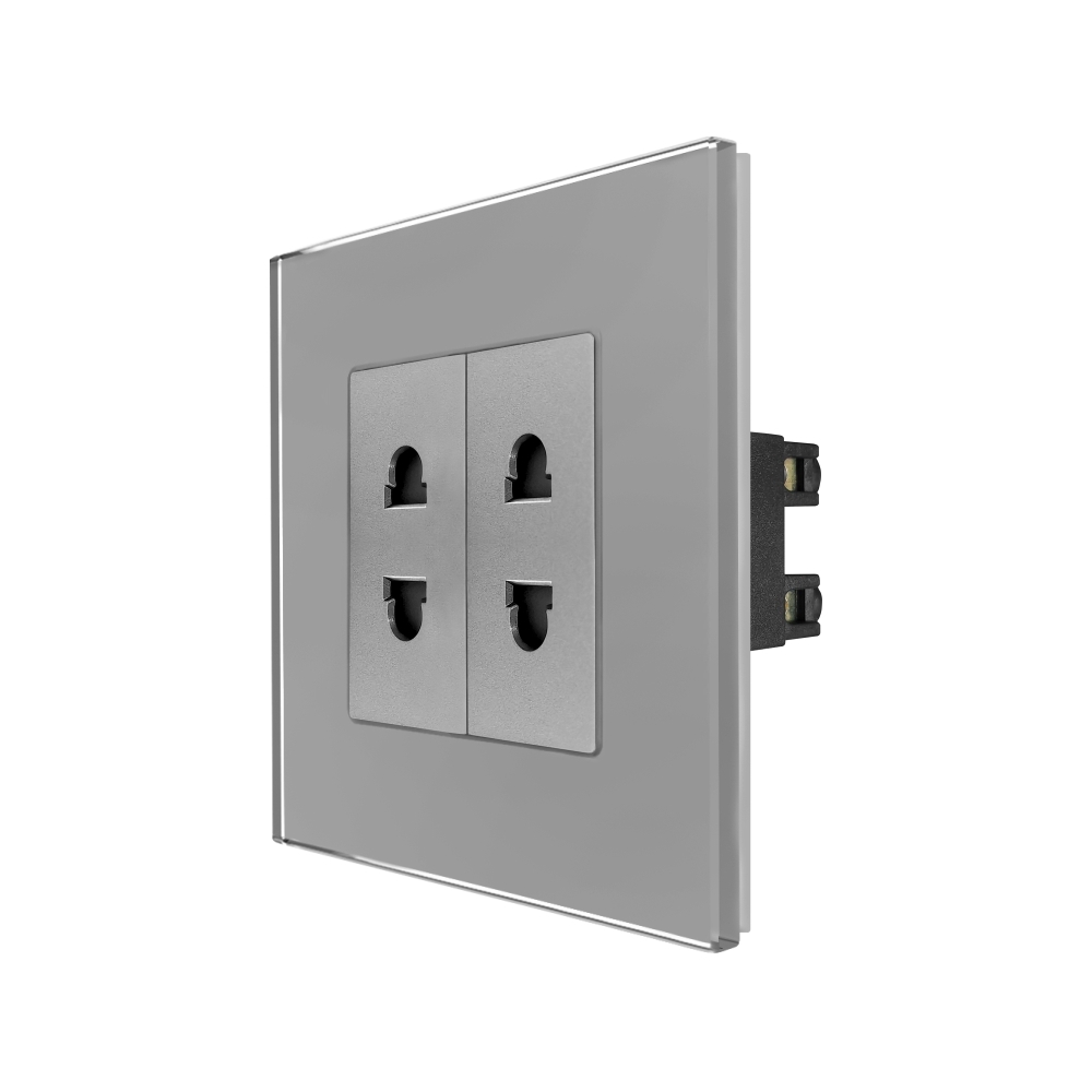 Priza Dubla cu Module Inguste cu Rama din Sticla LUXION - gri