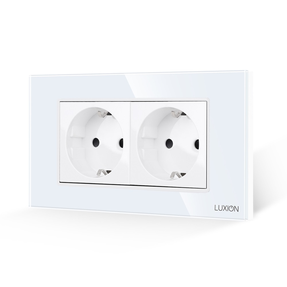 Priza Dubla cu Rama din Sticla LUXION, Standard Italian, 4M - alb