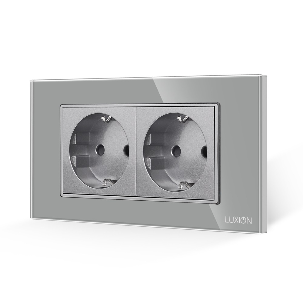 Priza Dubla cu Rama din Sticla LUXION, Standard Italian, 4M - gri