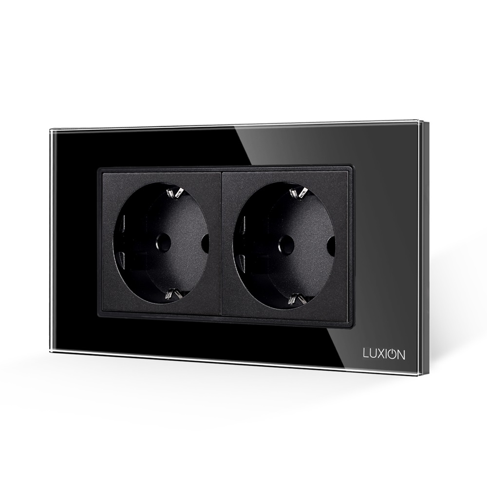 Priza Dubla cu Rama din Sticla LUXION, Standard Italian, 4M - negru